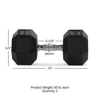 60 LB Rubber Hex Dumbbells
